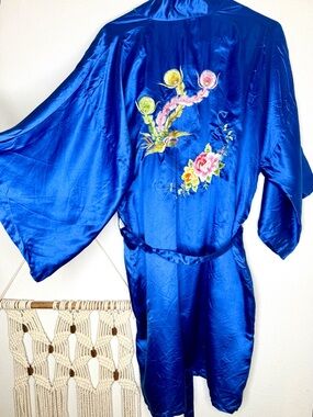 Vtg Royal Blue Silk Robe Double Peach Chinese Floral Embroidery Kimono Phoenix